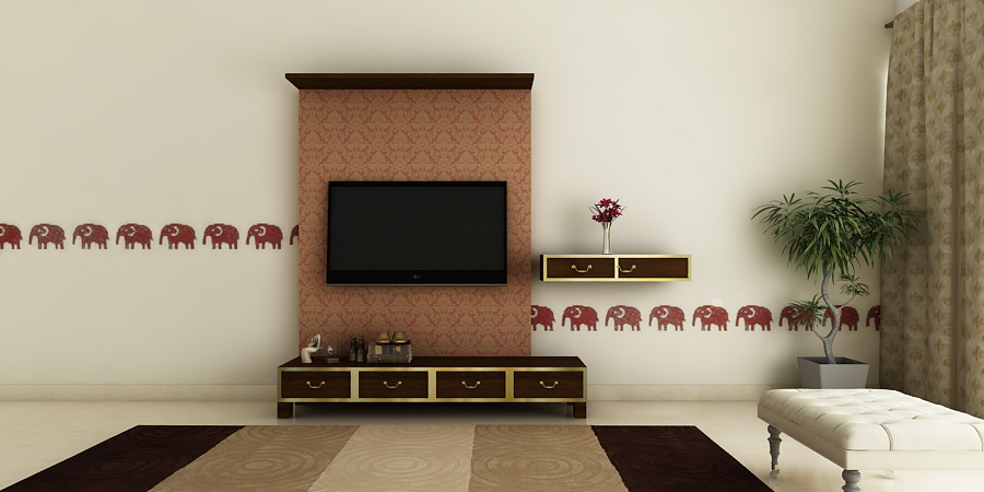 Wallpaper TV panel Walnut finished draws by Intart Interiors in Pune 